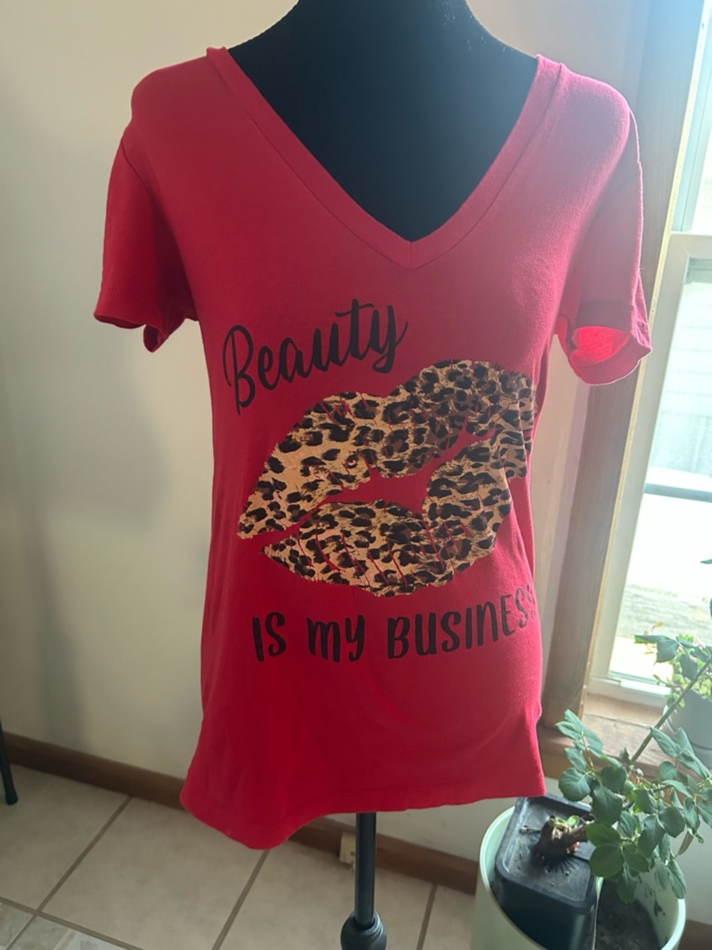 Bella Canvas Red V-Neck Tee with Leopard Lip Graphic